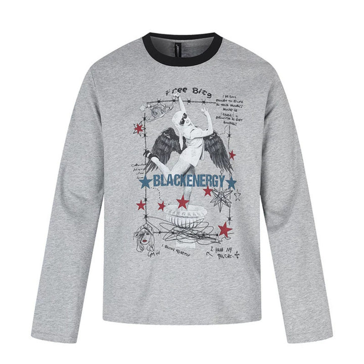 Women's long-sleeve shirt with vintage illustration, contrast collar and relaxed fit Amarae
