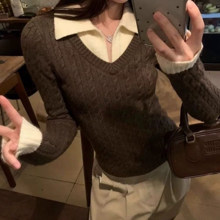 Pull en tricot à côtes pour femmes avec col chemise et cravate Chic & Stil