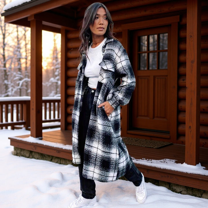 Women Checked Longline Shirt Coat made of Wool Blend with Oversized Silhouette and Flap Pockets Amarae