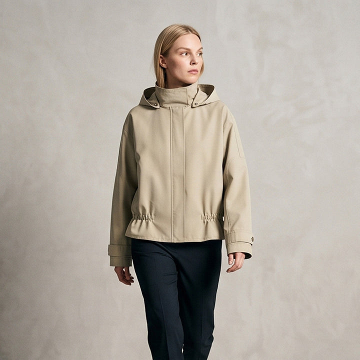 Women Short Vegan Leather Jacket with Hood, Concealed Snap Button Placket and Drawstring Hem Amarae