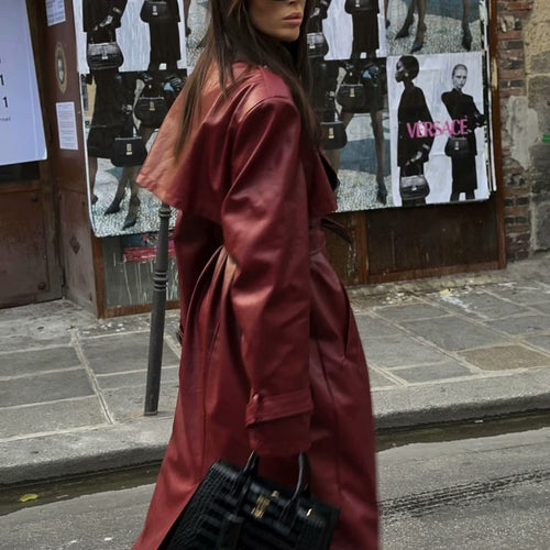 Elegant women's faux leather trench coat with belt and large lapels Amarae