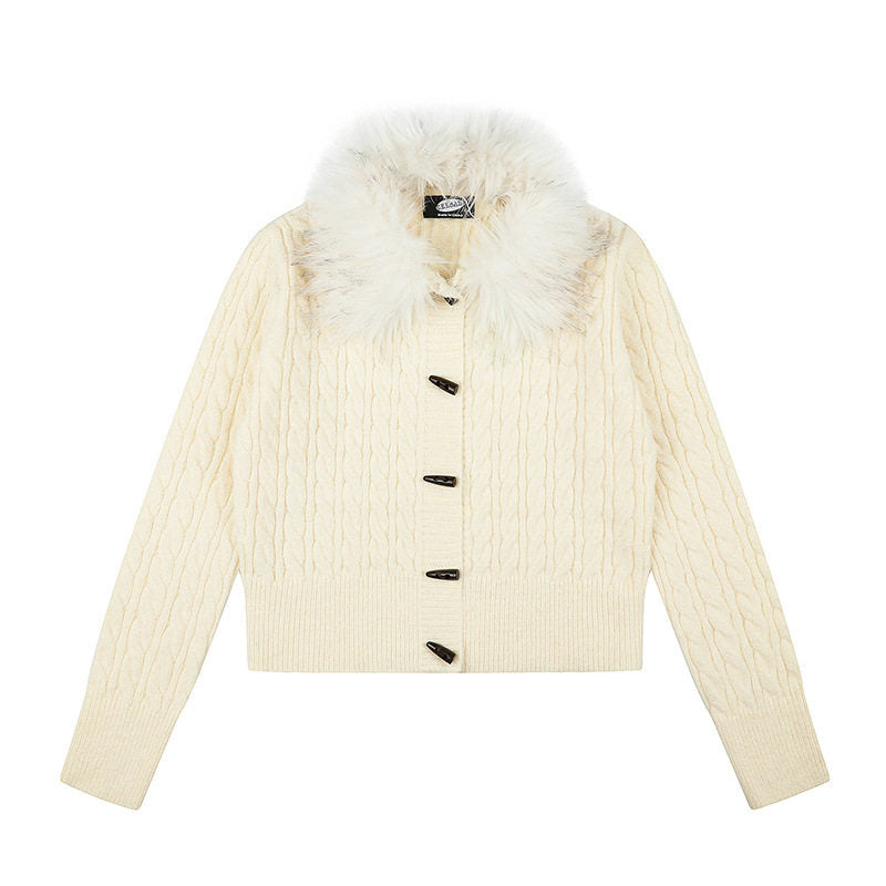 Women's Short Cable Knit Cardigan with Removable Faux Fur Collar and Toggle Button Closure Amarae