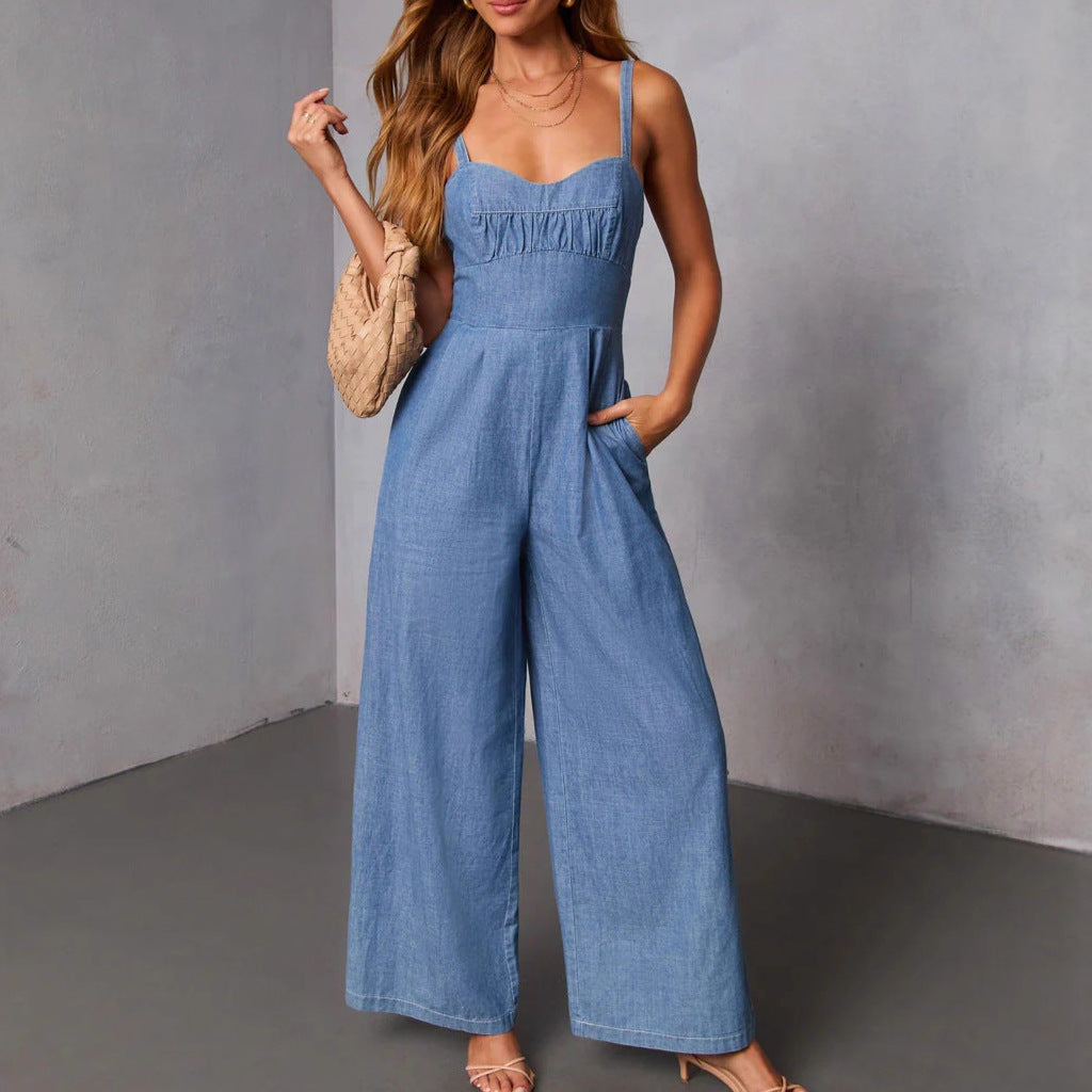 Women's casual denim jumpsuit with elegant bustier top and wide leg