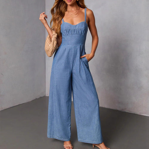 Chic & Stil Women's Denim Jumpsuit with Wide Legs and Elegant Straps