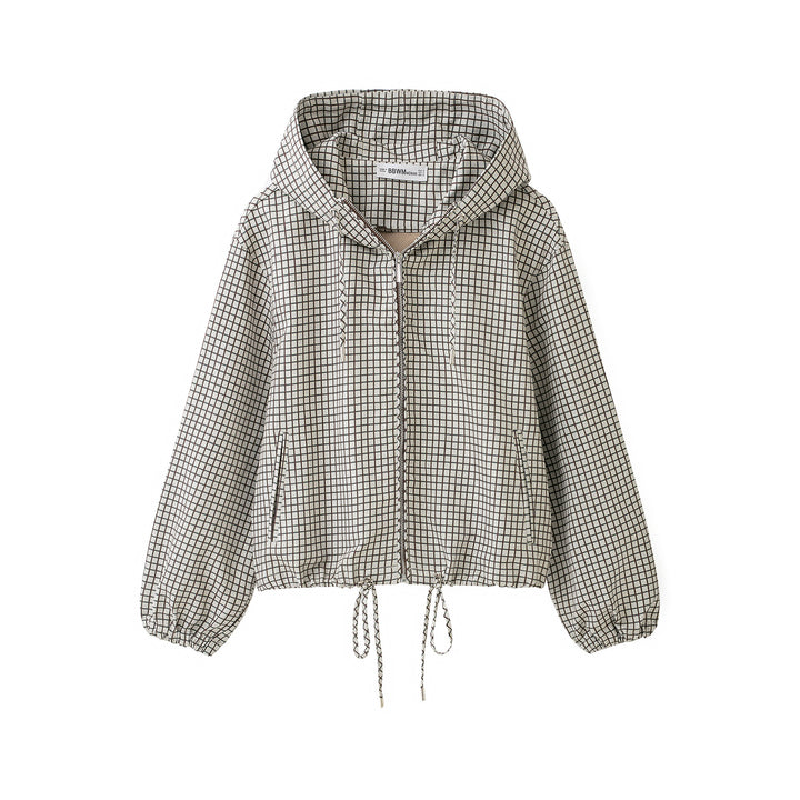 Women Checked Cropped Hoodie with Drawstring and Zipper Amarae