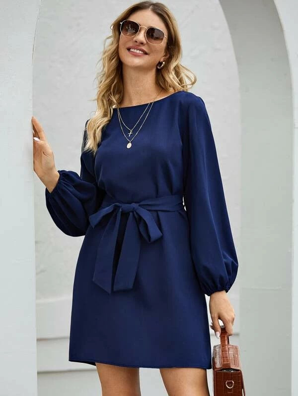 Ladies Elegant Dress with Balloon Sleeves and Waist Belt Lune London