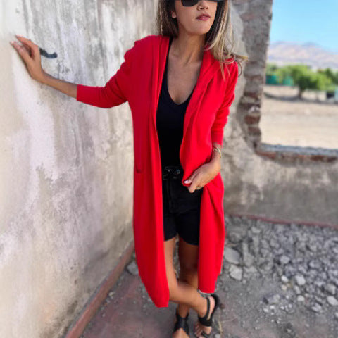 Ladies Long Knit Cardigan with Open Front and Practical Pockets Amarae