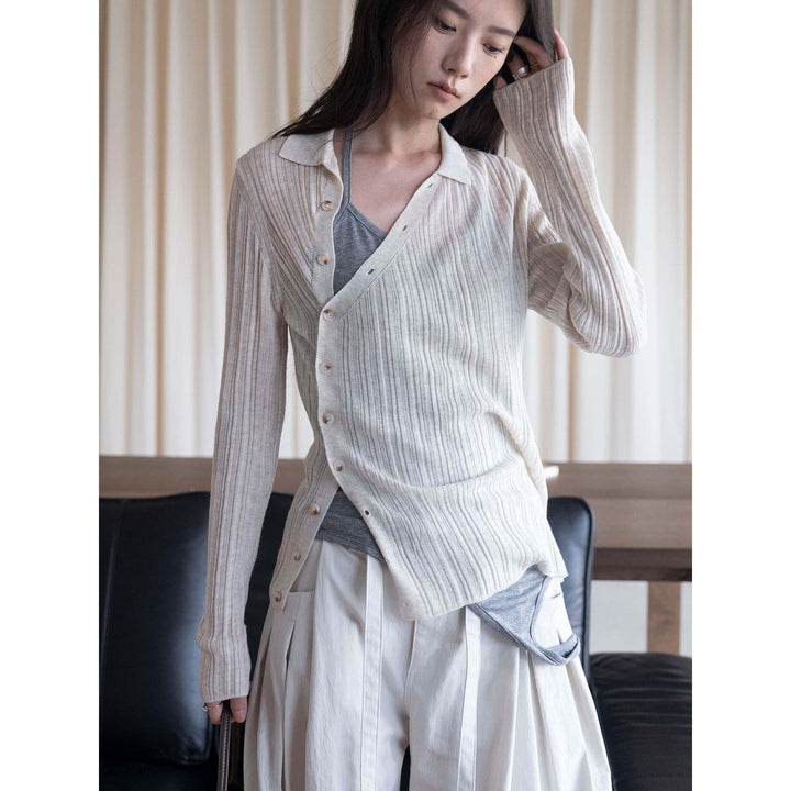 Women's fine knit long cardigan with kent collar and fine ribbed texture Amarae