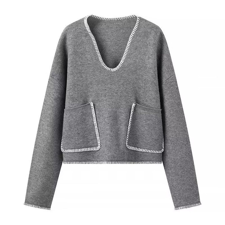 Women Short V-neck Knit Sweater with Patch Pockets and Decorative Stitch Amarae