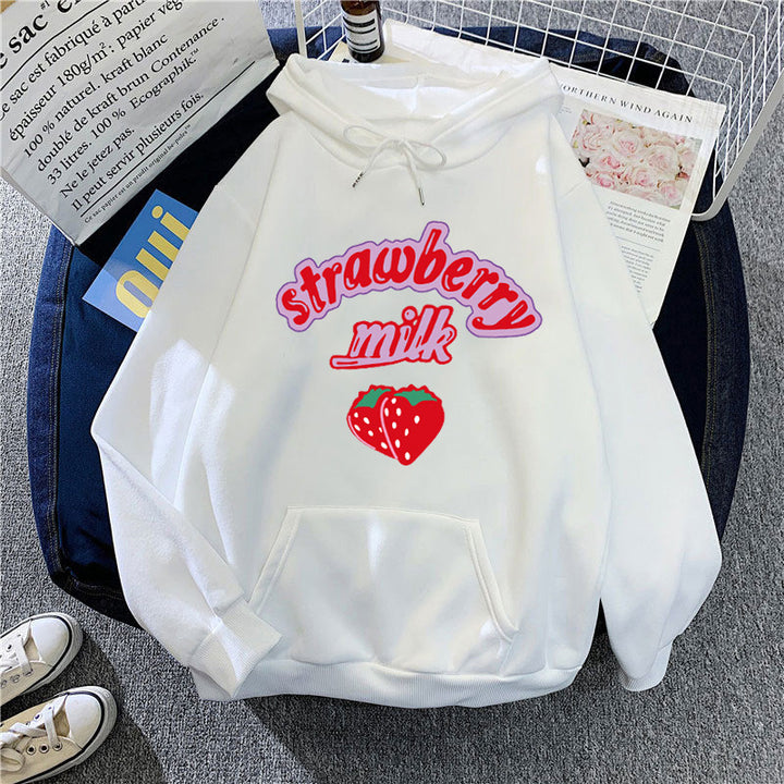 Ladies hooded sweatshirt with cheerful strawberry milk design Chic & Stil