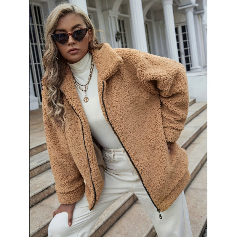 Ladies Cozy Fleece Jacket with High Collar and Zipper Lune London