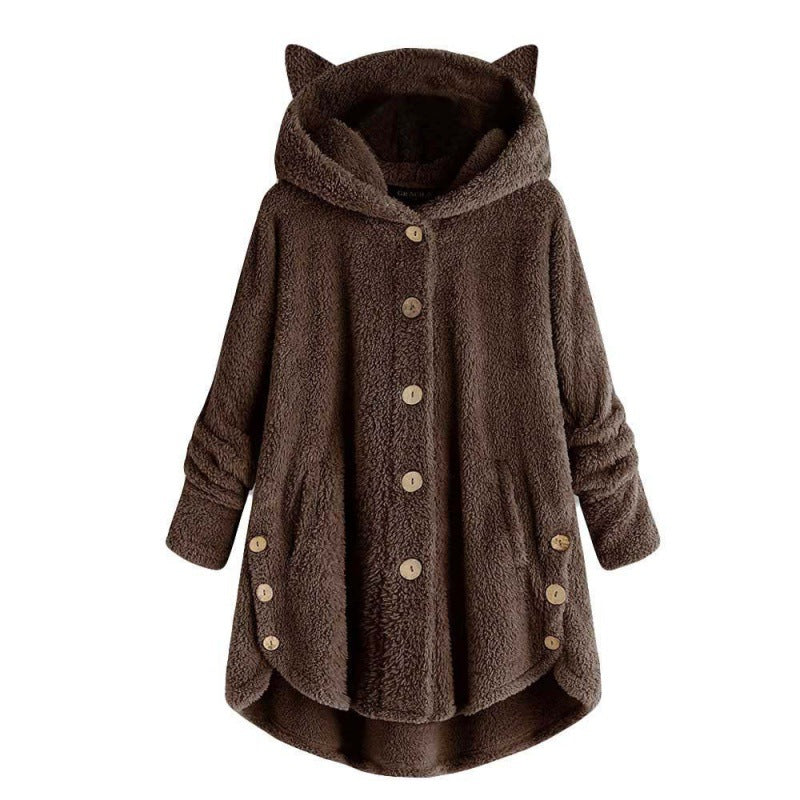 Women's Hooded Teddy Coat with Cat Ears, Button Placket and Asymmetrical Hem Amarae