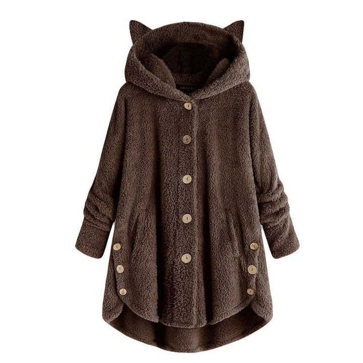 Women's Hooded Teddy Coat with Cat Ears, Button Placket and Asymmetrical Hem Amarae