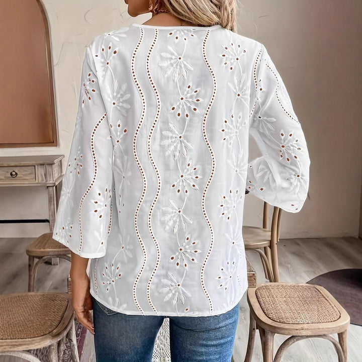 Embroidered blouse for women with an elegant V-neck and 3/4 sleeves Lune London