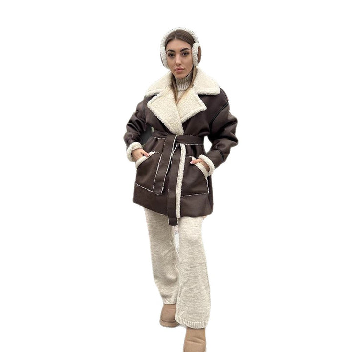 Women Oversized Sheepskin Imitation Coat with Contrasting Shawl Collar and Tied Belt Amarae