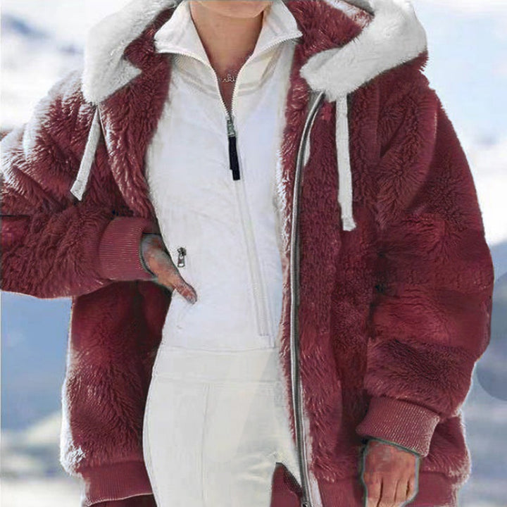Women's Oversized Sherpa Zip Jacket with Contrast Collar, Ribbed Cuffs, and Drawstring Amarae