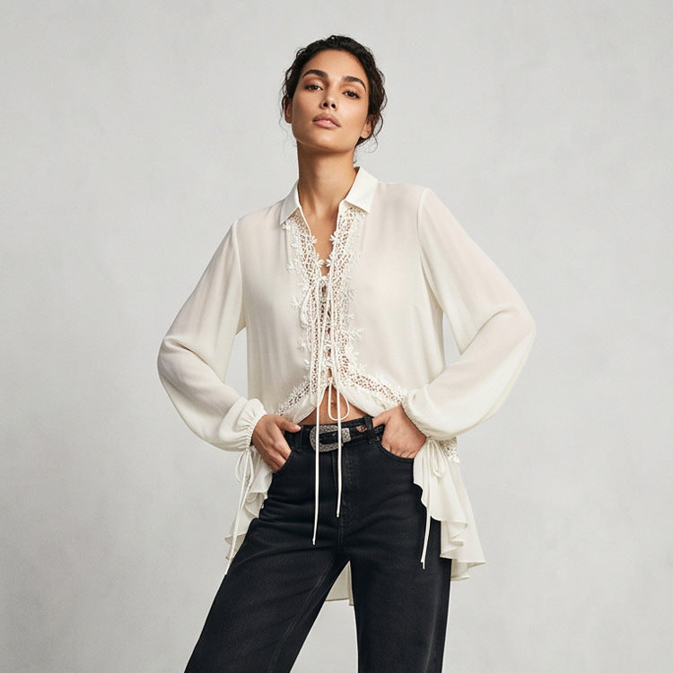 Women Transparent Chiffon Blouse with Lace Trim, Tie Band & Asymmetrical Ruffle Hem Amarae