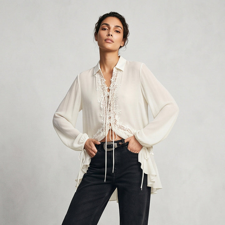 Women Transparent Chiffon Blouse with Lace Trim, Tie Band & Asymmetrical Ruffle Hem Amarae