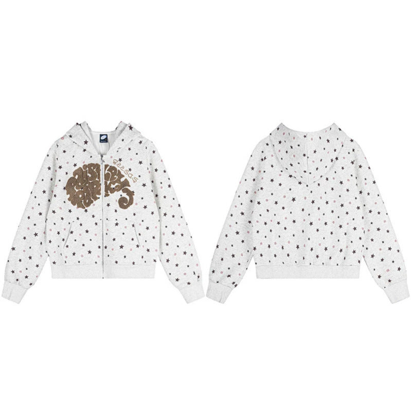 Women's Hoodie Sweat Jacket with Star Allover, Structured French Terry and Sparkling Front Application Amarae