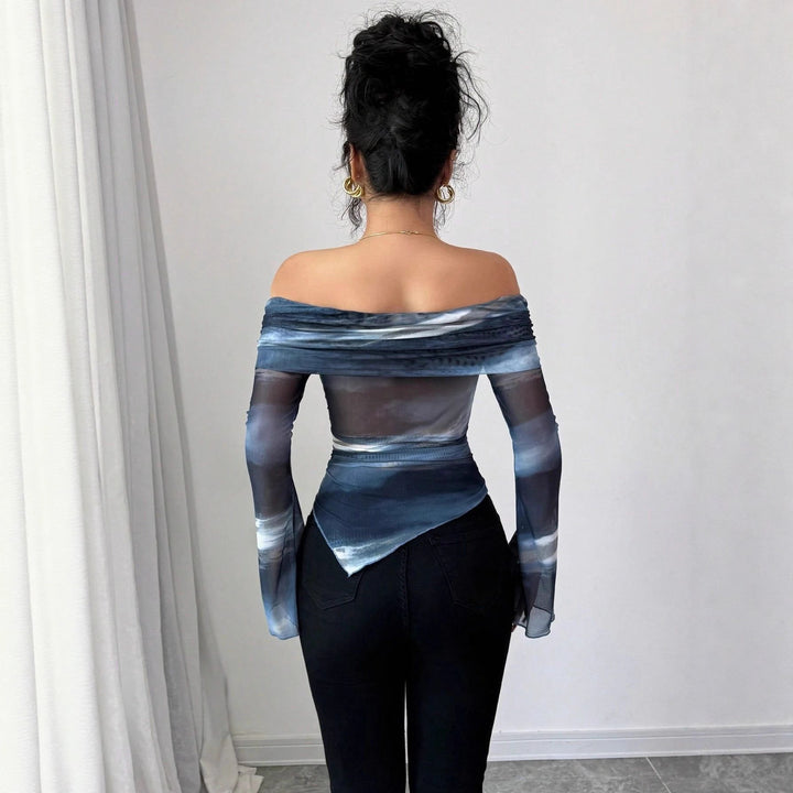 Women's off-shoulder blouse with floral transparent elements and an asymmetrical cut Lune London