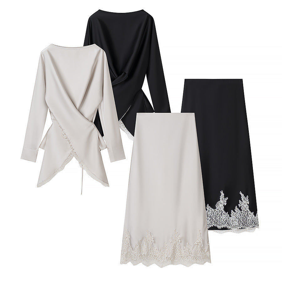 Women's Two-Piece Satin Set with Wrap Blouse and Midi Skirt with Lace Trim Amarae