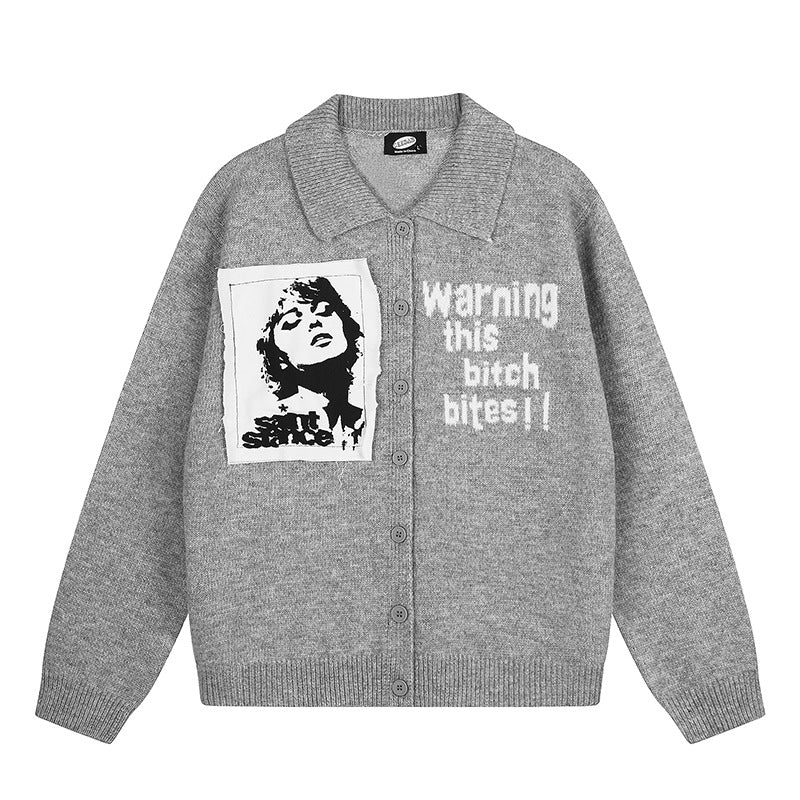 Women's knitted cardigan with shirt collar, button placket, and statement patch Amarae