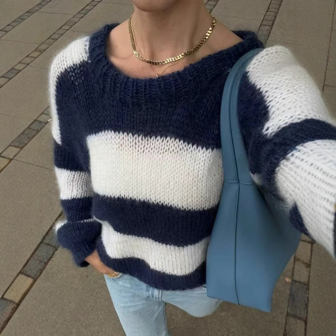 Women Striped Oversize Knit Sweater with Round Neck Amarae