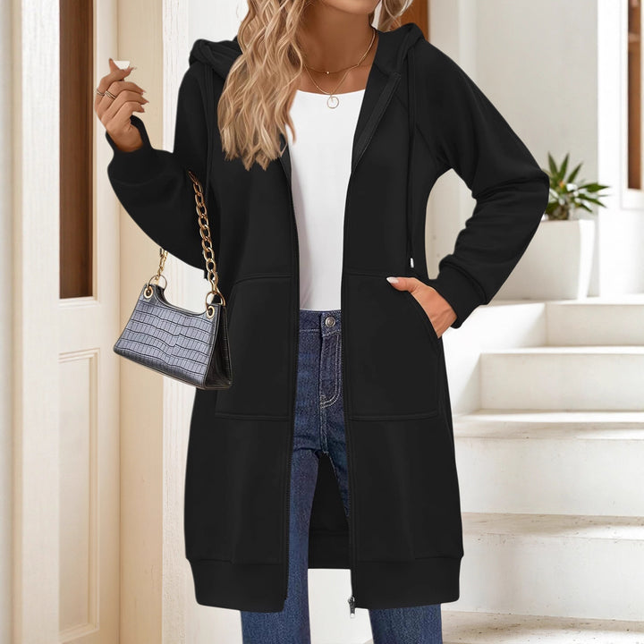 Ladies long hooded jacket with zipper and practical pockets Lune London