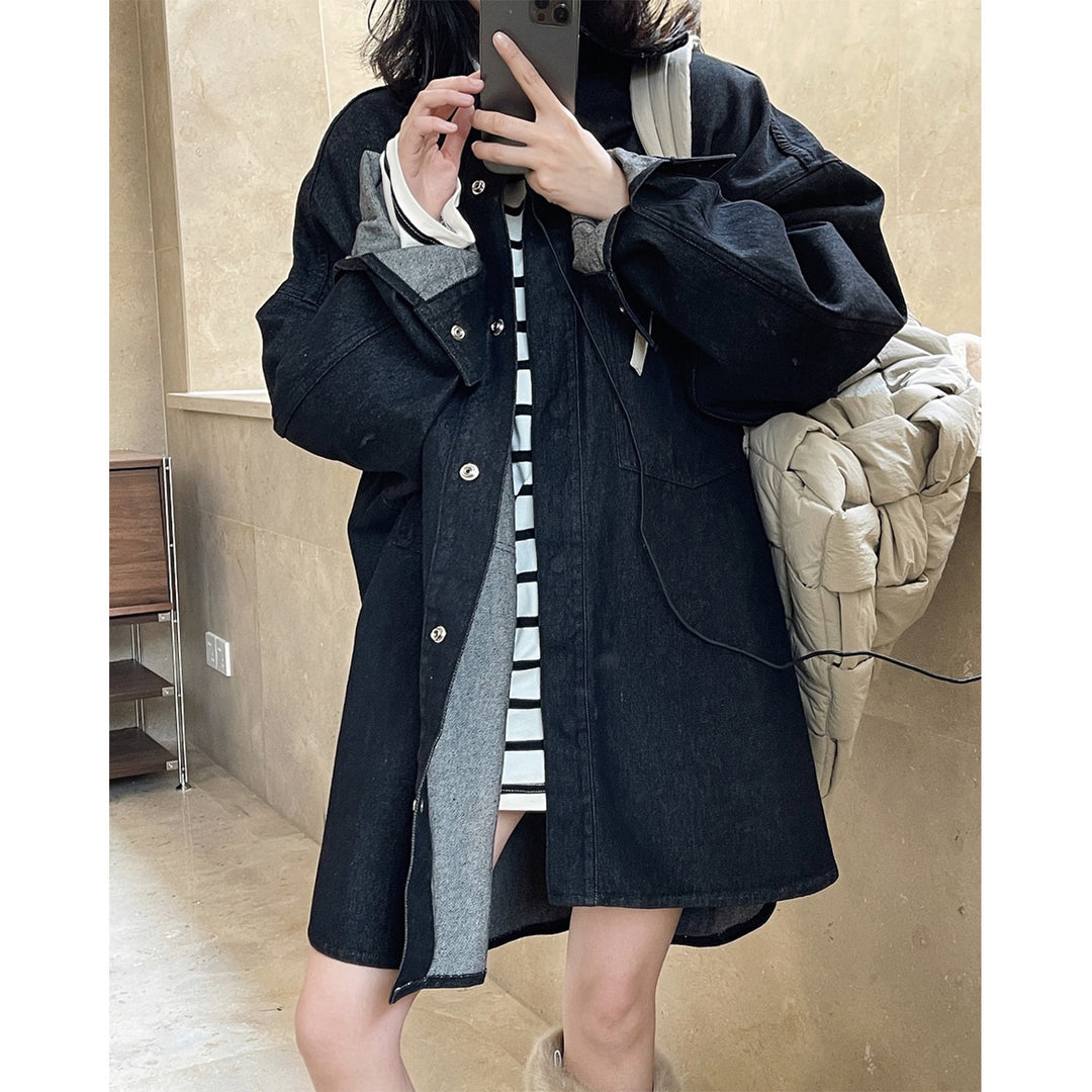 Women's Oversized Denim Coat with Padding, Hood and Snap Front Amarae