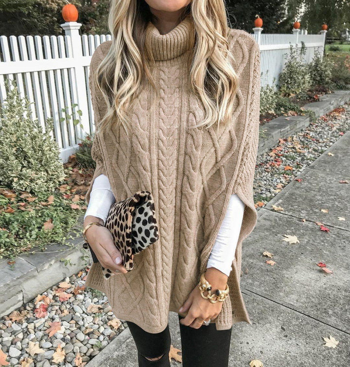 Knit poncho for women with high collar and decorative braided pattern Lune London