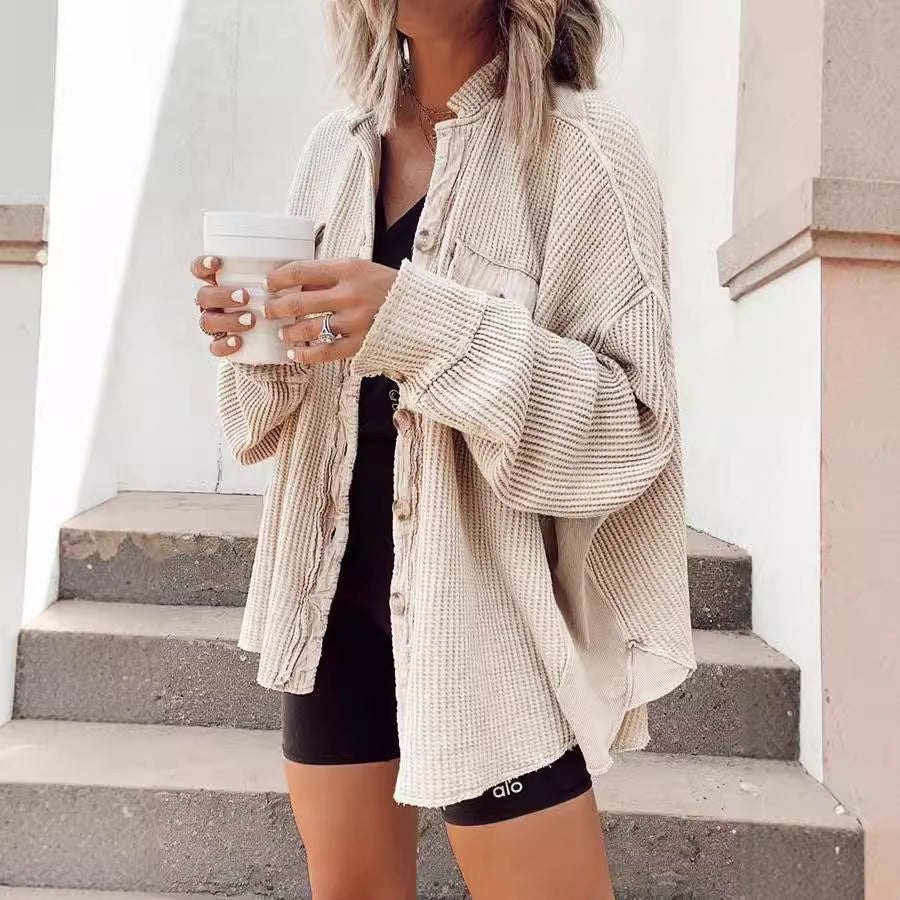 Women Waffle Oversized Jacket with Button Placket and Practical Pockets Lune London