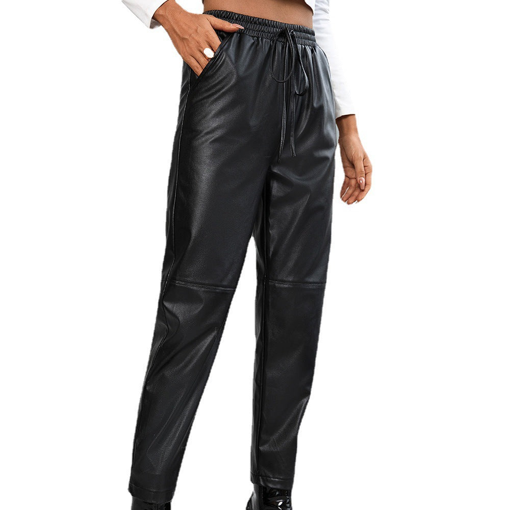 Fashionable synthetic leather pants for women with elastic waistband and side pockets Lune London