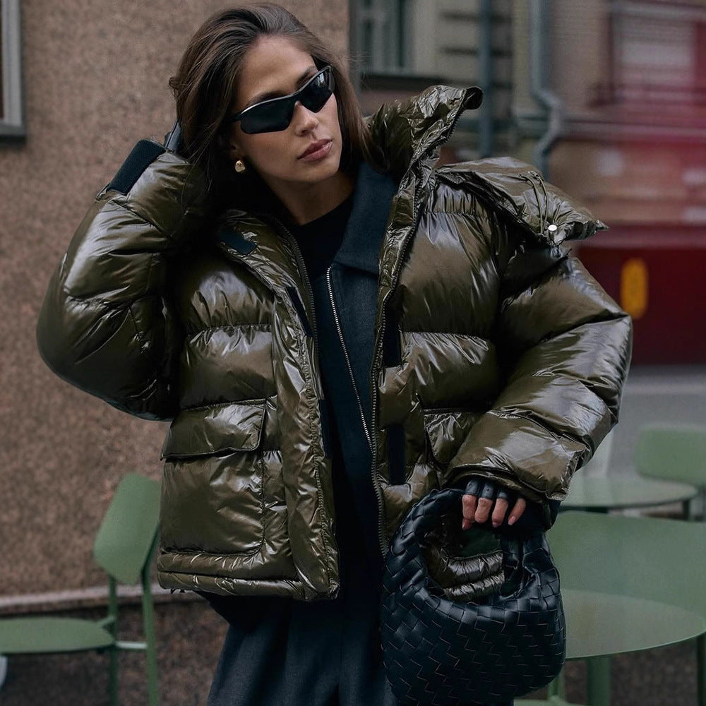Women's padded short jacket with high-gloss finish, oversized cut, and hood Amarae