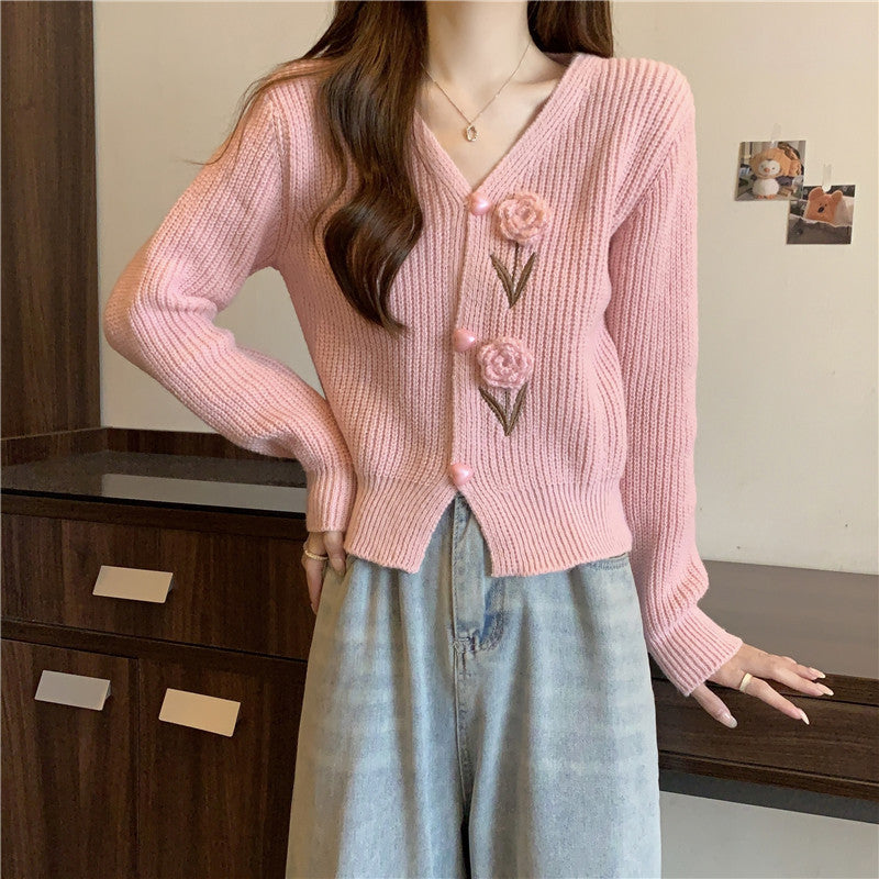 Knitted jacket for women with floral appliqués and V-neck Lune London