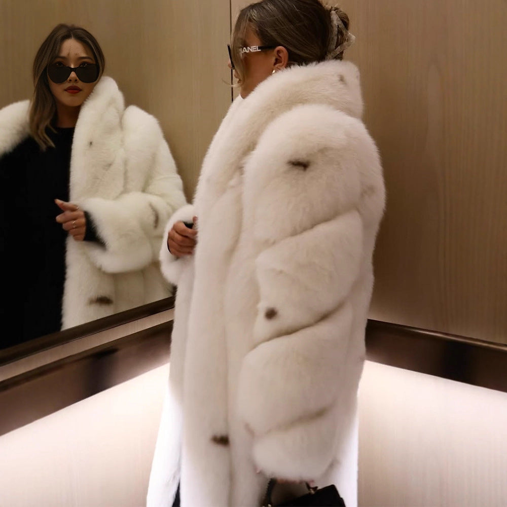 Women longer vegan faux fur coat with hood and voluminous fur collar Amarae