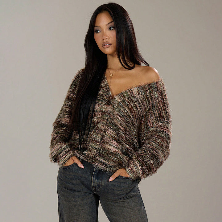 Ladies Plush Pullover with Deep V-neck and Loose Fit Lune London