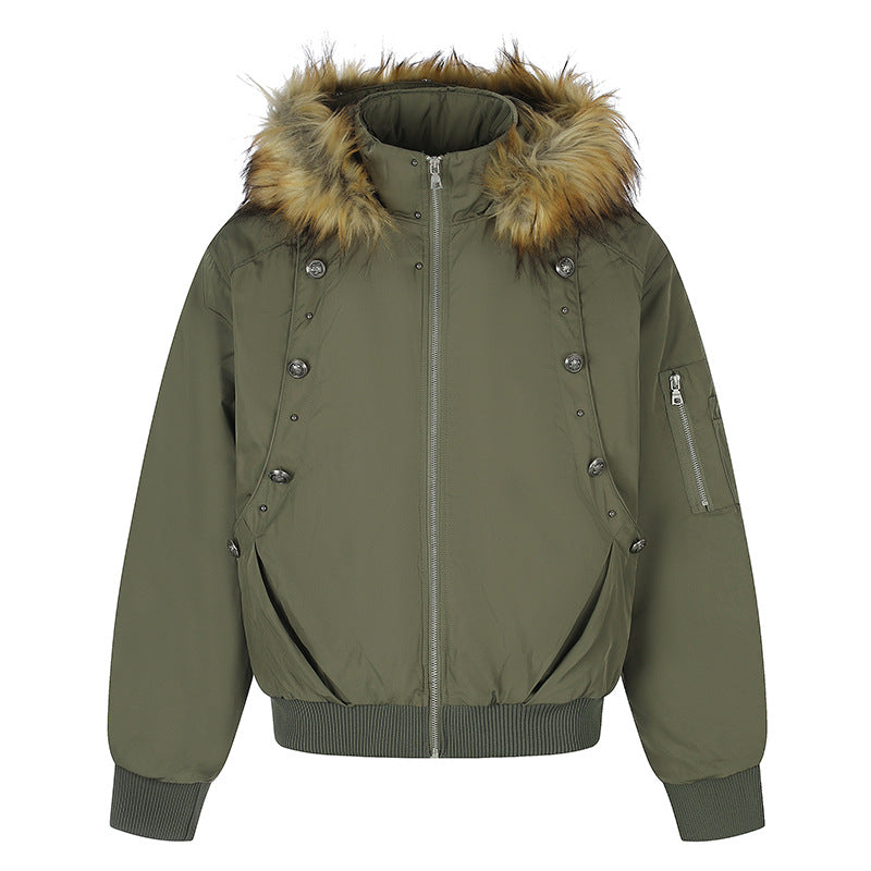 Women's short-cut bomber jacket with faux fur hood and eyelet application Amarae