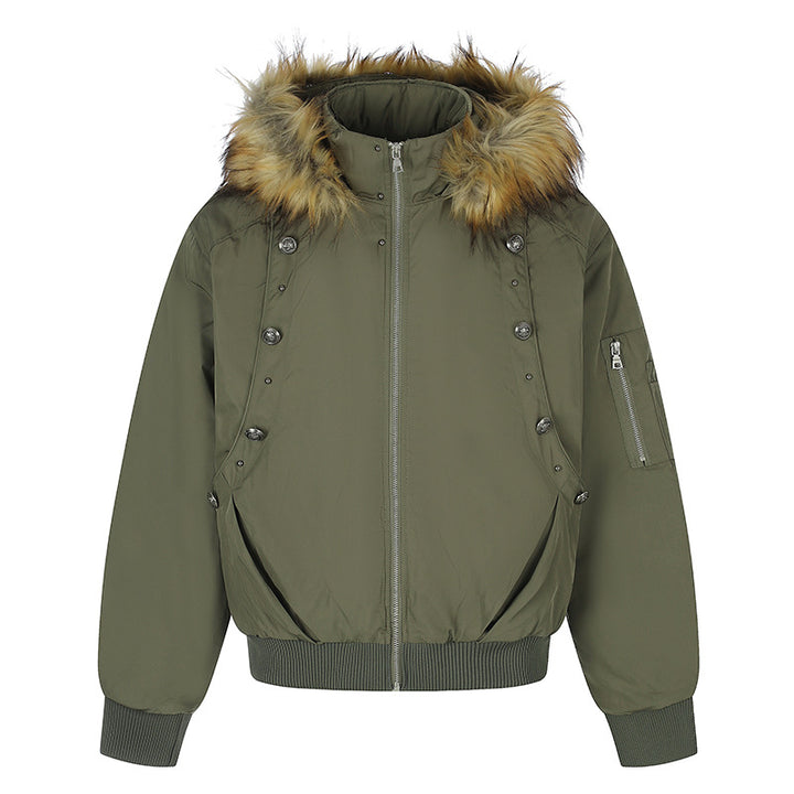 Women's short-cut bomber jacket with faux fur hood and eyelet application Amarae