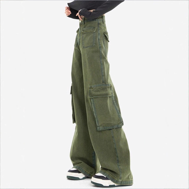 Women's high-waisted cargo jeans with wide leg, multiple flap pockets and straight cut Amarae