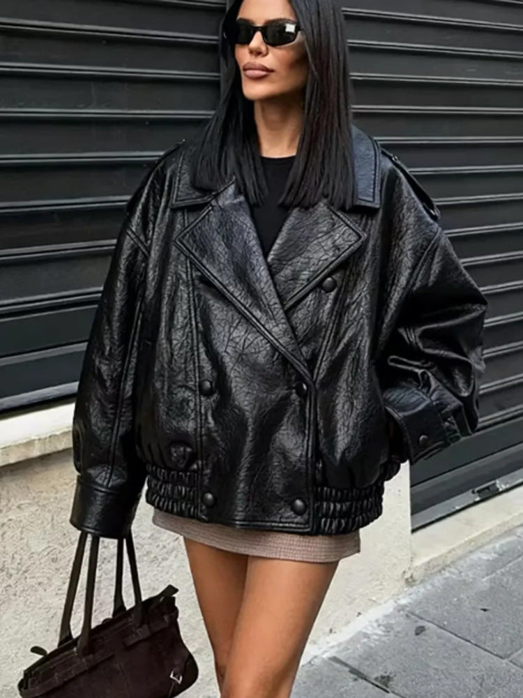 Women's Oversize Faux Leather Blouson with Double-Breasted Button Placket, Wide Lapels, and Elastic Hem Amarae