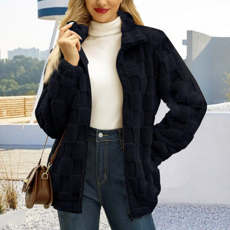 Women's teddy jacket with check structure, stand-up collar and zipper Amarae