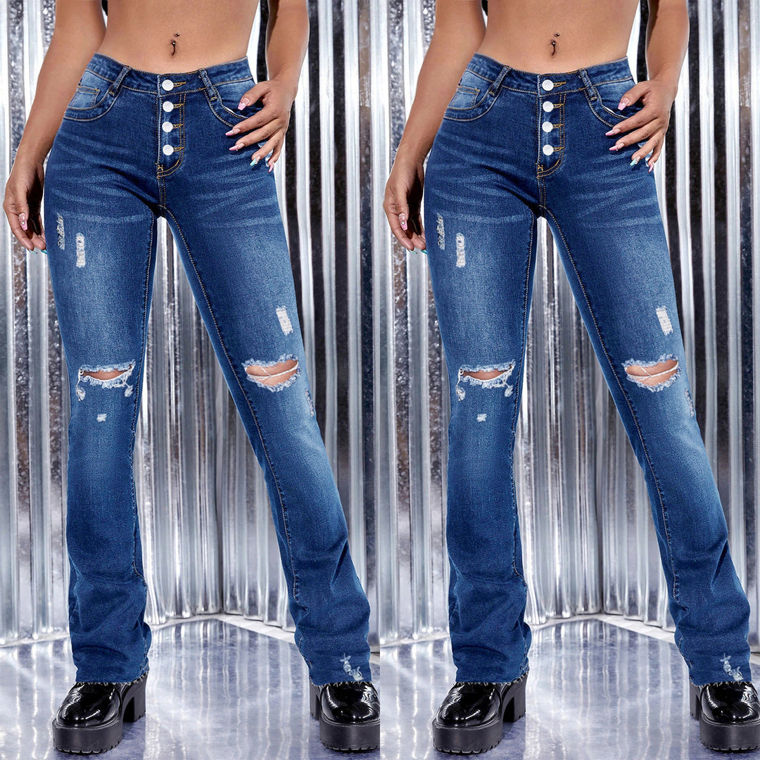 Women high-waisted button-front bootcut jeans with sculpting waistband and distressed knee rips Amarae