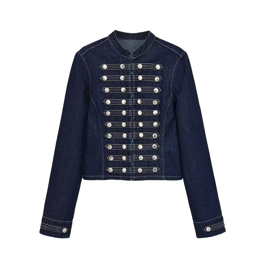 Women's military-style jeans jacket with stand-up collar and decorative button plackets Amarae