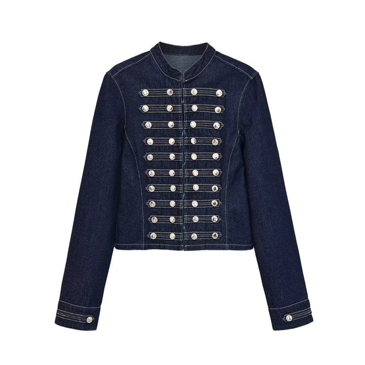 Women's military-style jeans jacket with stand-up collar and decorative button plackets Amarae