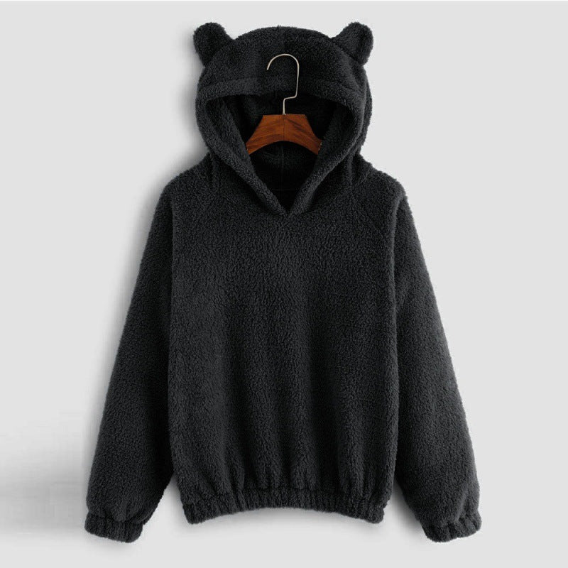 Women's Cozy Teddy Hooded Sweater with Bear Ears and Drawstring Hem Amarae