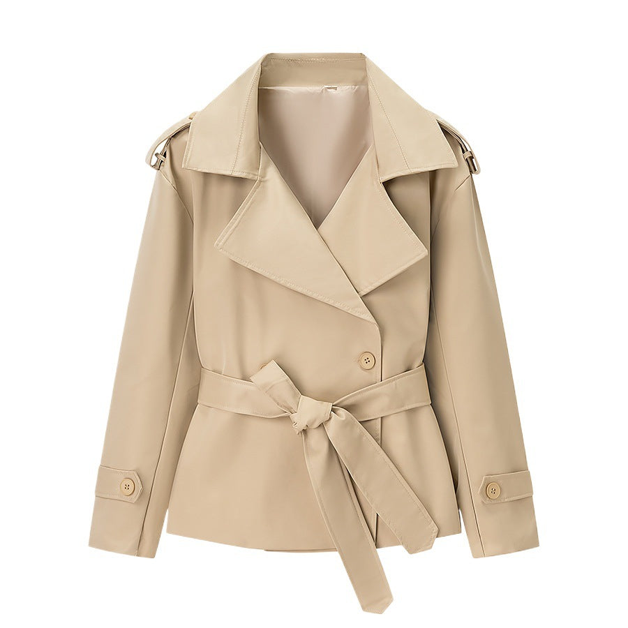 Women’s short trench coat with oversized lapels, tie belt, and epaulettes Amarae