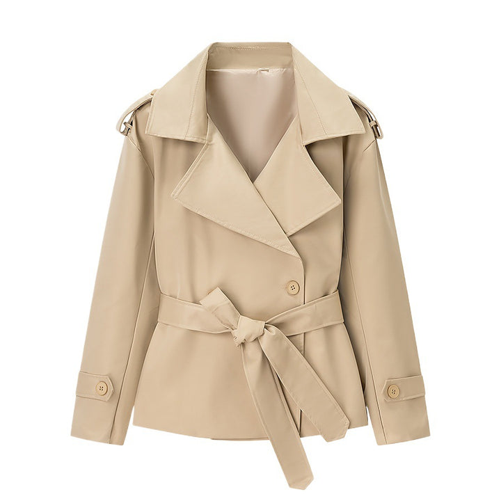 Women’s short trench coat with oversized lapels, tie belt, and epaulettes Amarae