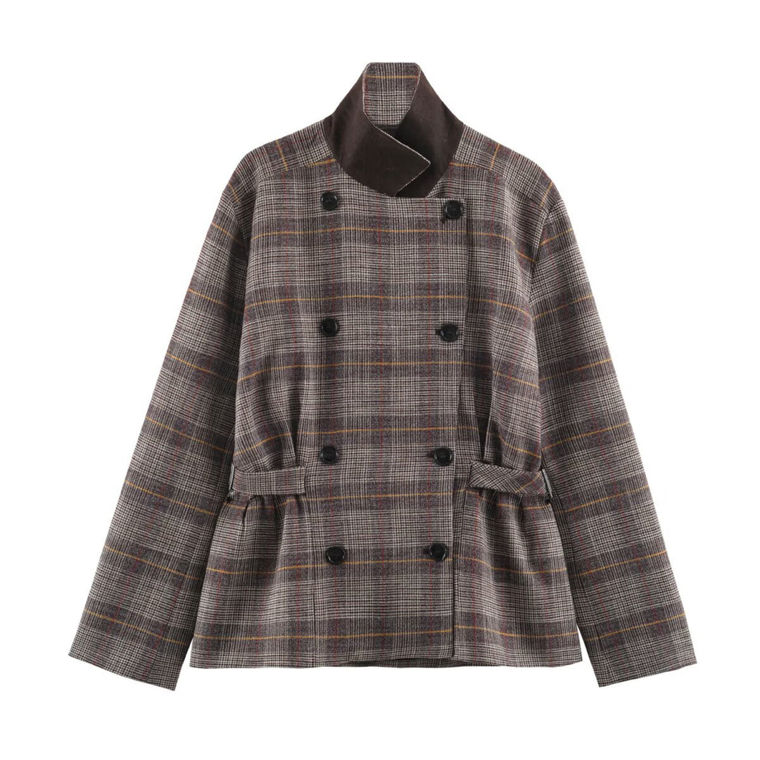 Ladies Short Double-Breasted Tailored Check Jacket with Stand Collar and Waist Straps Amarae