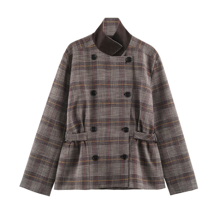 Ladies Short Double-Breasted Tailored Check Jacket with Stand Collar and Waist Straps Amarae
