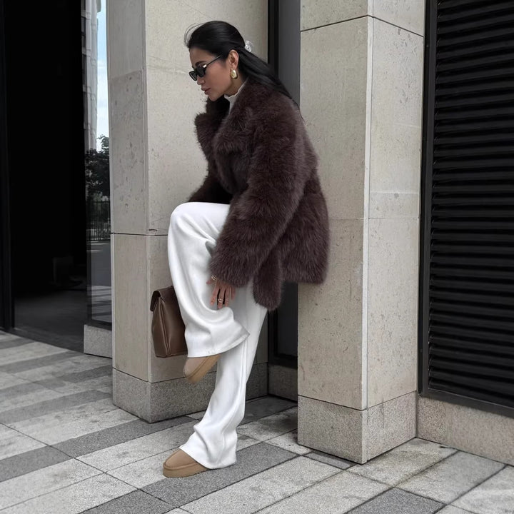Women Boxy Short Coat made of extra fluffy high pile with wrap belt Amarae